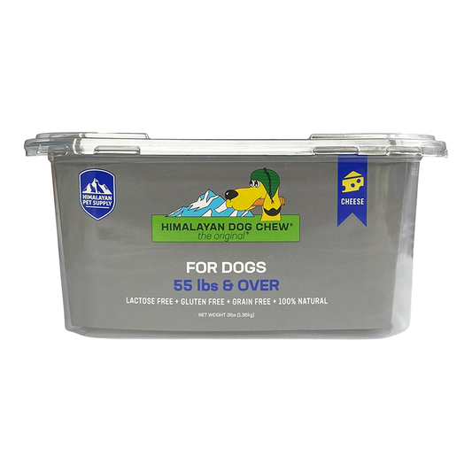 Extra-large dog chew tub in clear plastic, cheese label on the front