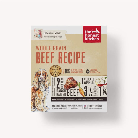 Dog whole grain beef recipe kibble food box with The Honest Kitchen branding