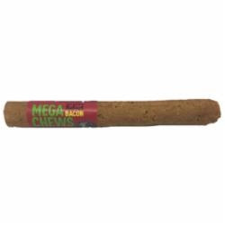 Brown dog sausage treat chew with red label