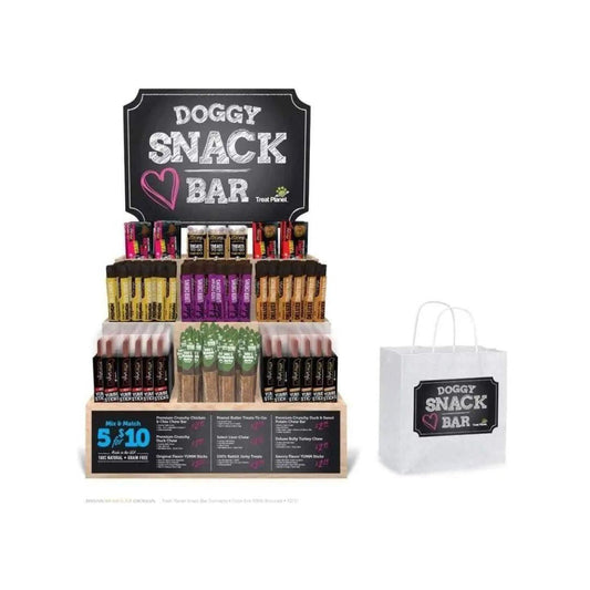 Etta Says! Doggy Snack Bar dog treat display stand with assortment and gift bag