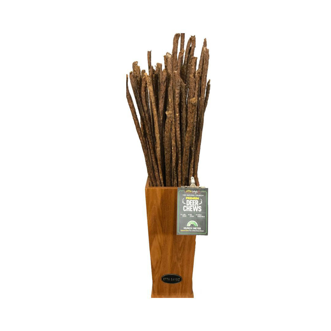 Deer chew dog treats bundle of dried sticks with “Deer Chews” label sleeve