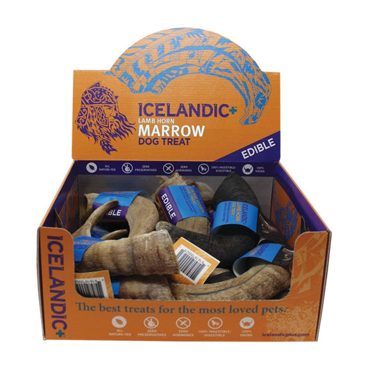 Lamb horn marrow dog treat display box with loose bone-shaped chews inside