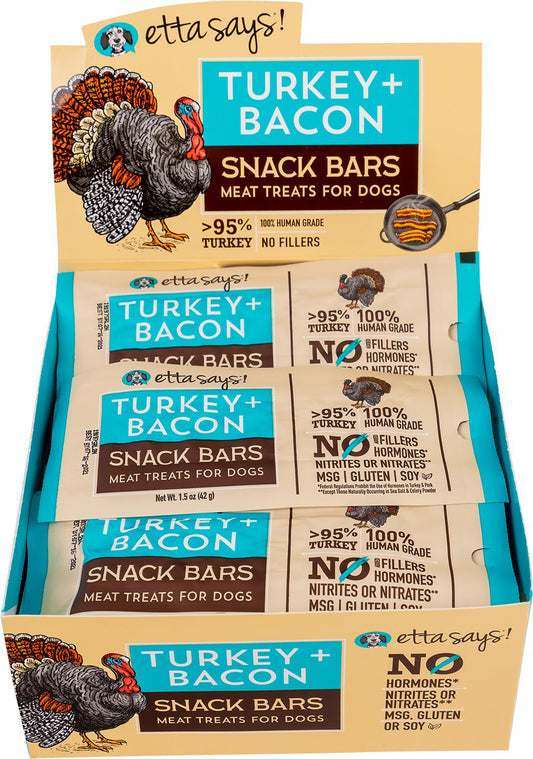 Dog treat snack bars display with Turkey + Bacon packages, Etta Says!