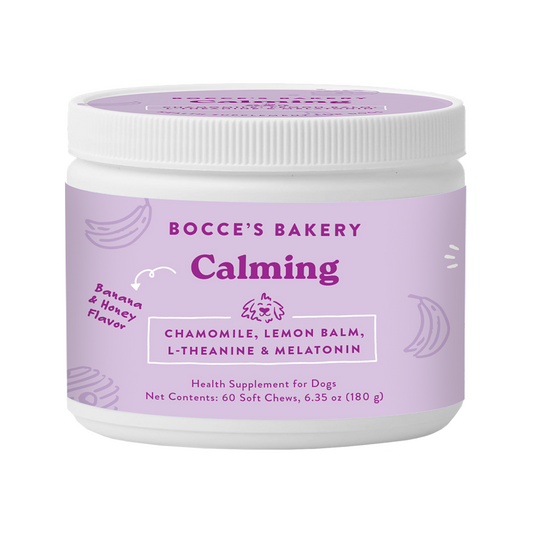Calming dog supplement jar with purple label and white ribbed screw-top lid