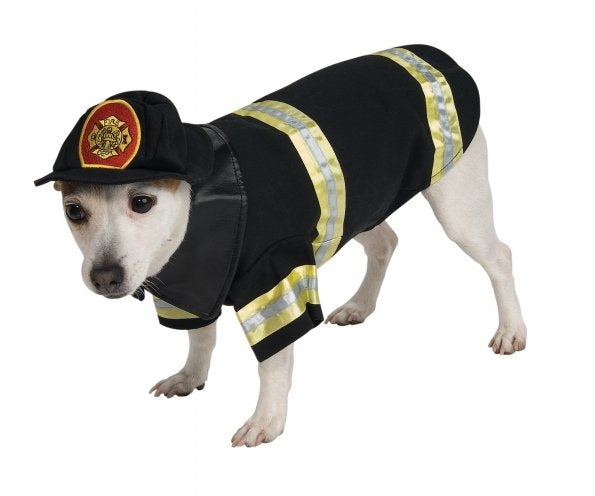Black pet fire fighter costume with reflective stripes and red emblem hat