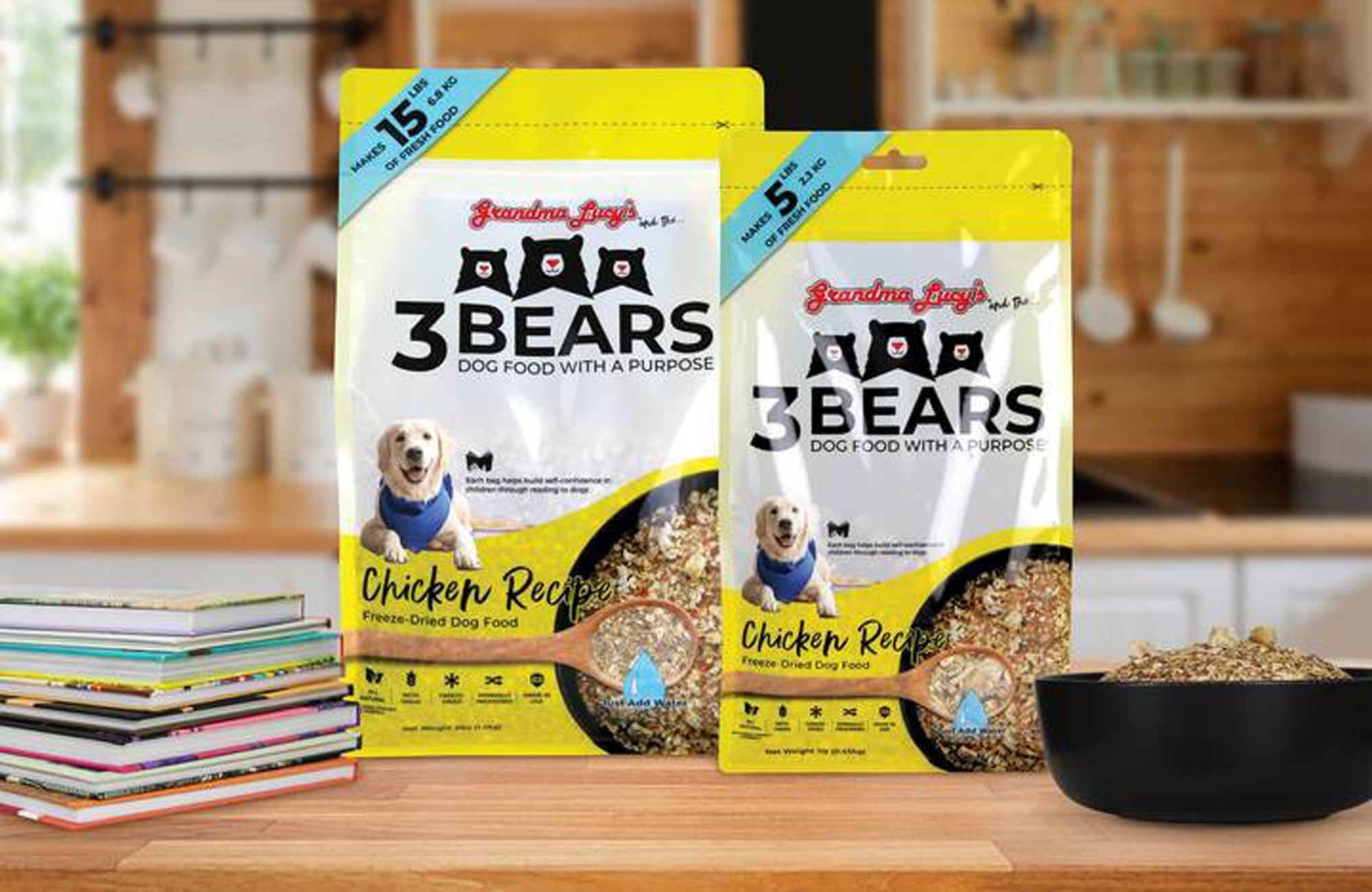 3 Bears dog food pouches, Chicken Recipe flavor, with 15 lb and 5.5 lb labels