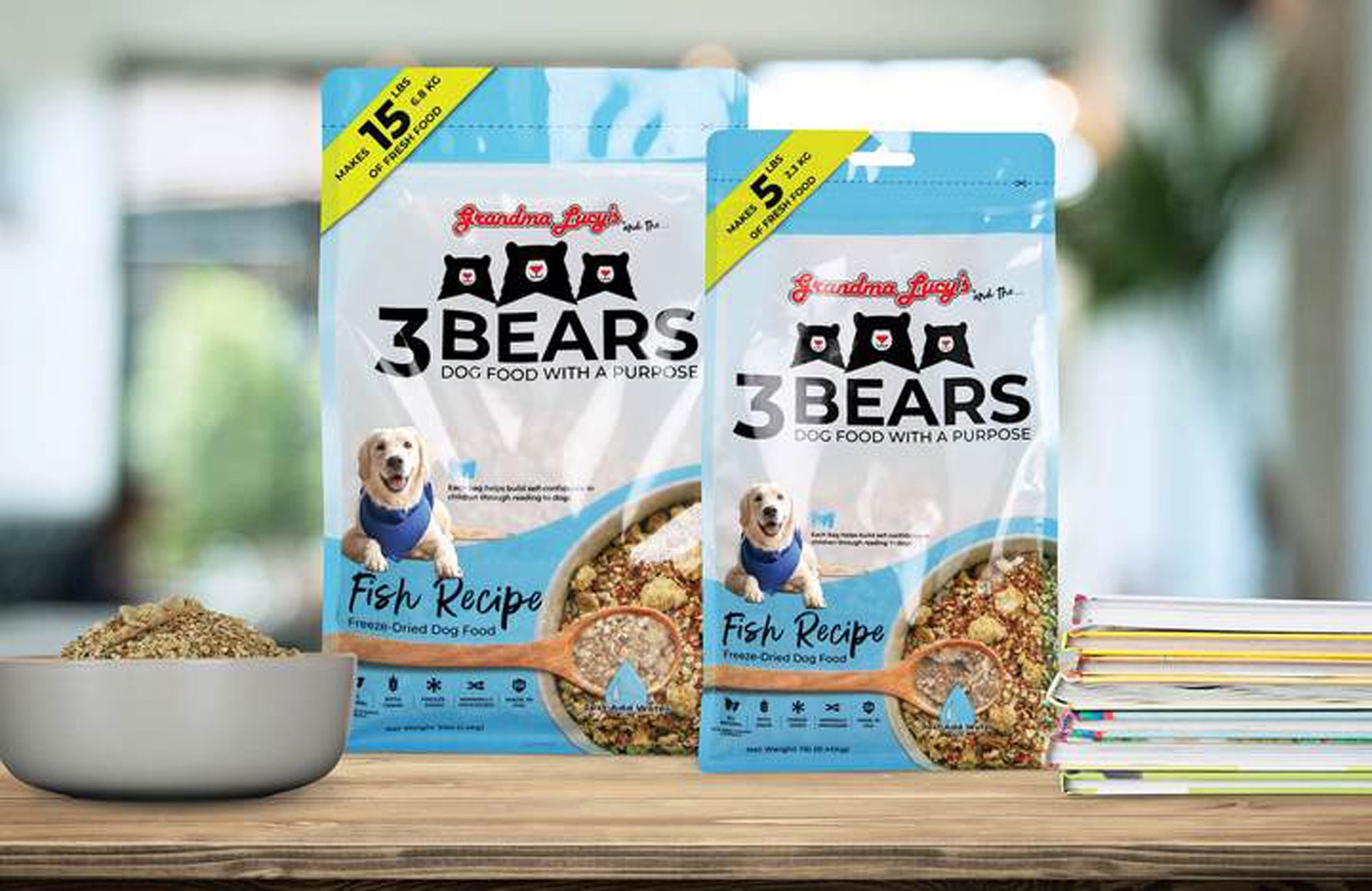 Grandma Lucy's 3 Bears dog food pouch, fish recipe, two 3 lb bags