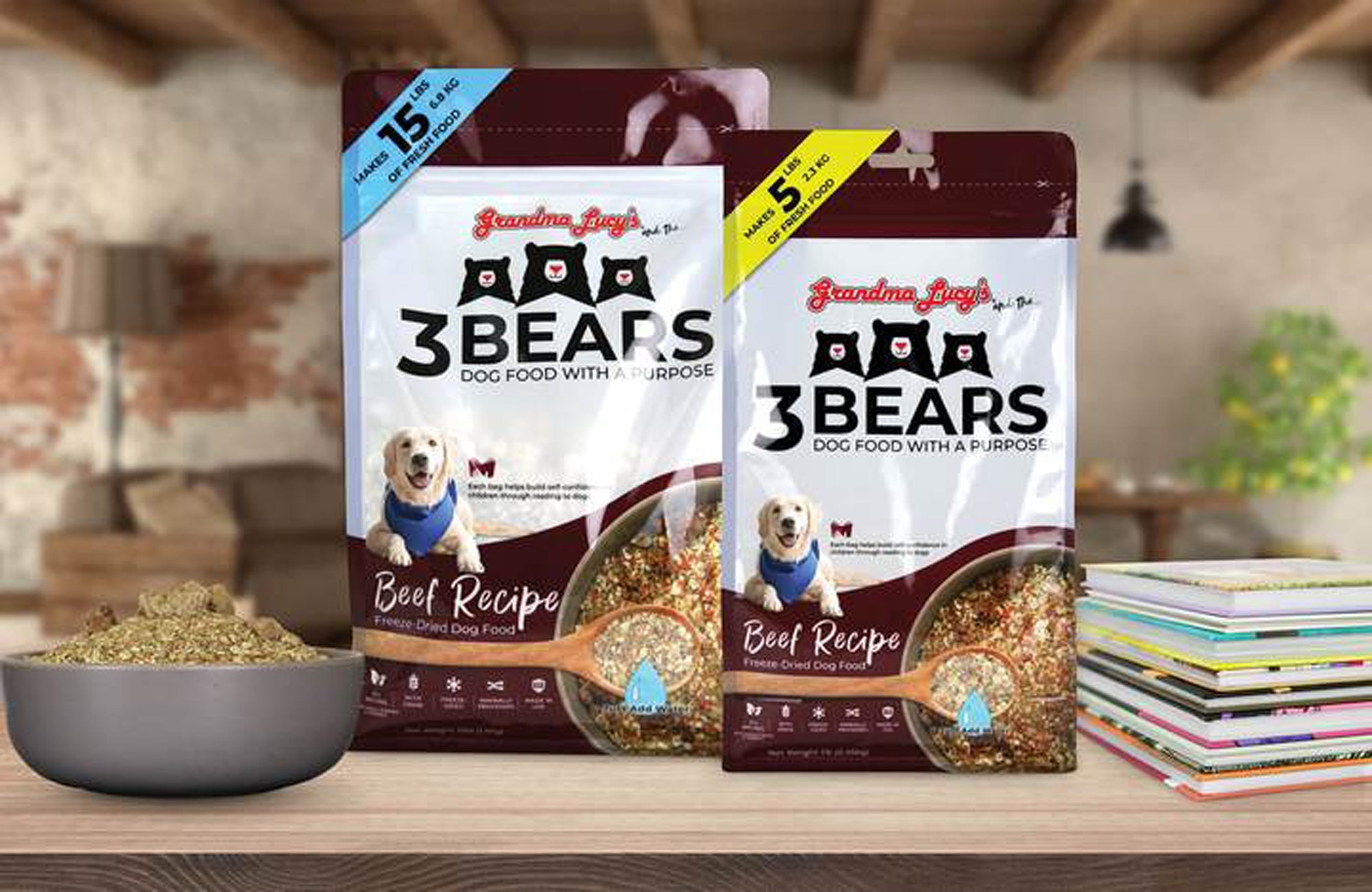 Grandma Lucy's 3 Bears beef dog food bag, 1 lb, with kibble in a bowl