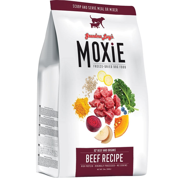 Grandma Lucys Moxie grain-free dog food, beef recipe in 8 oz bag