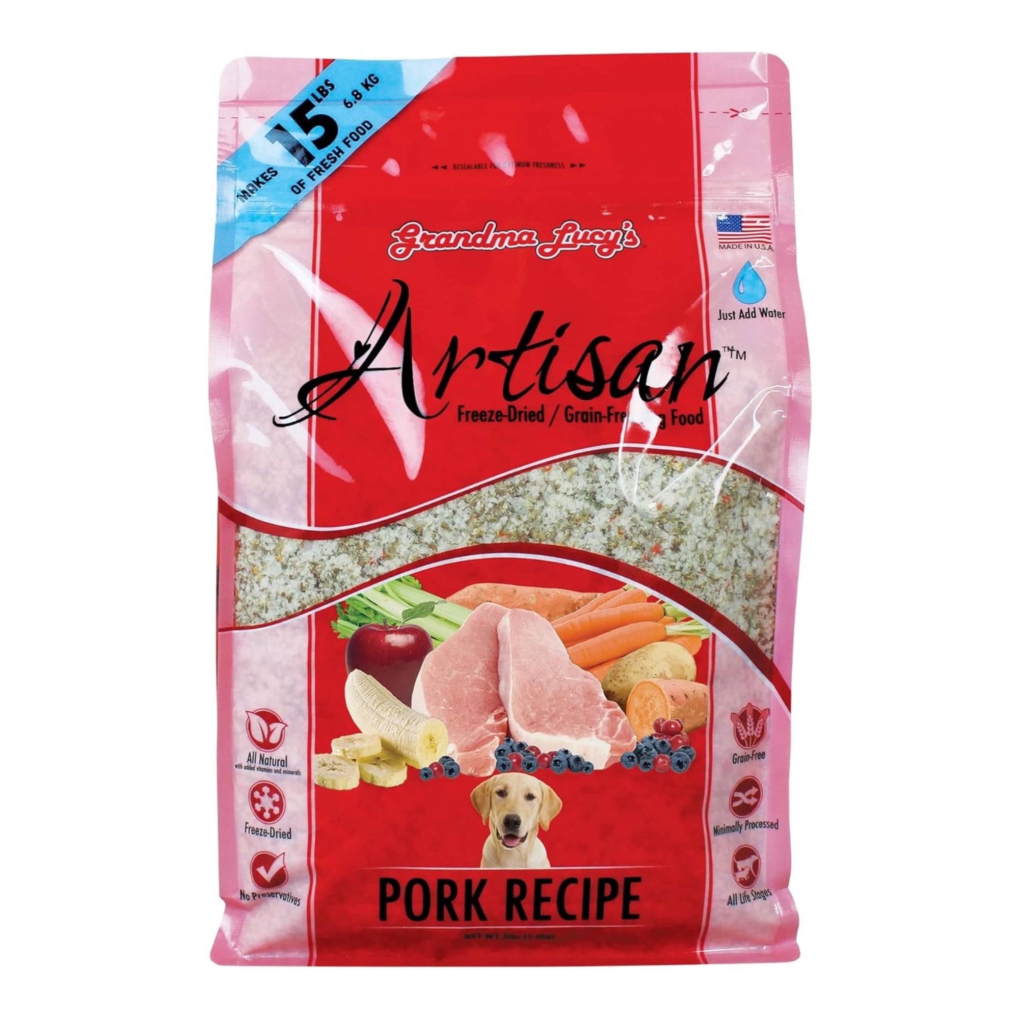 Grandma Lucy's grain-free artisan pork dog food pouch, 'Pork Recipe' label