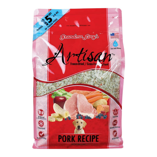 Grandma Lucy's grain-free artisan pork dog food pouch, 'Pork Recipe' label