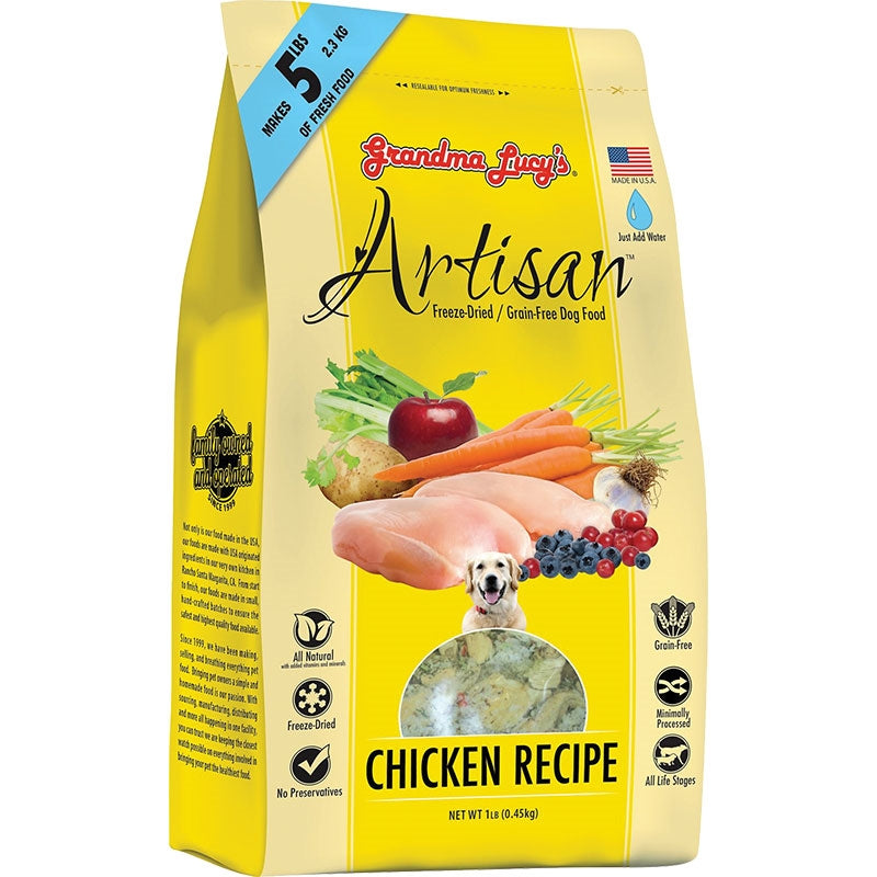 Freeze-dried grain-free dog food bag, chicken recipe, 1 lb, yellow package