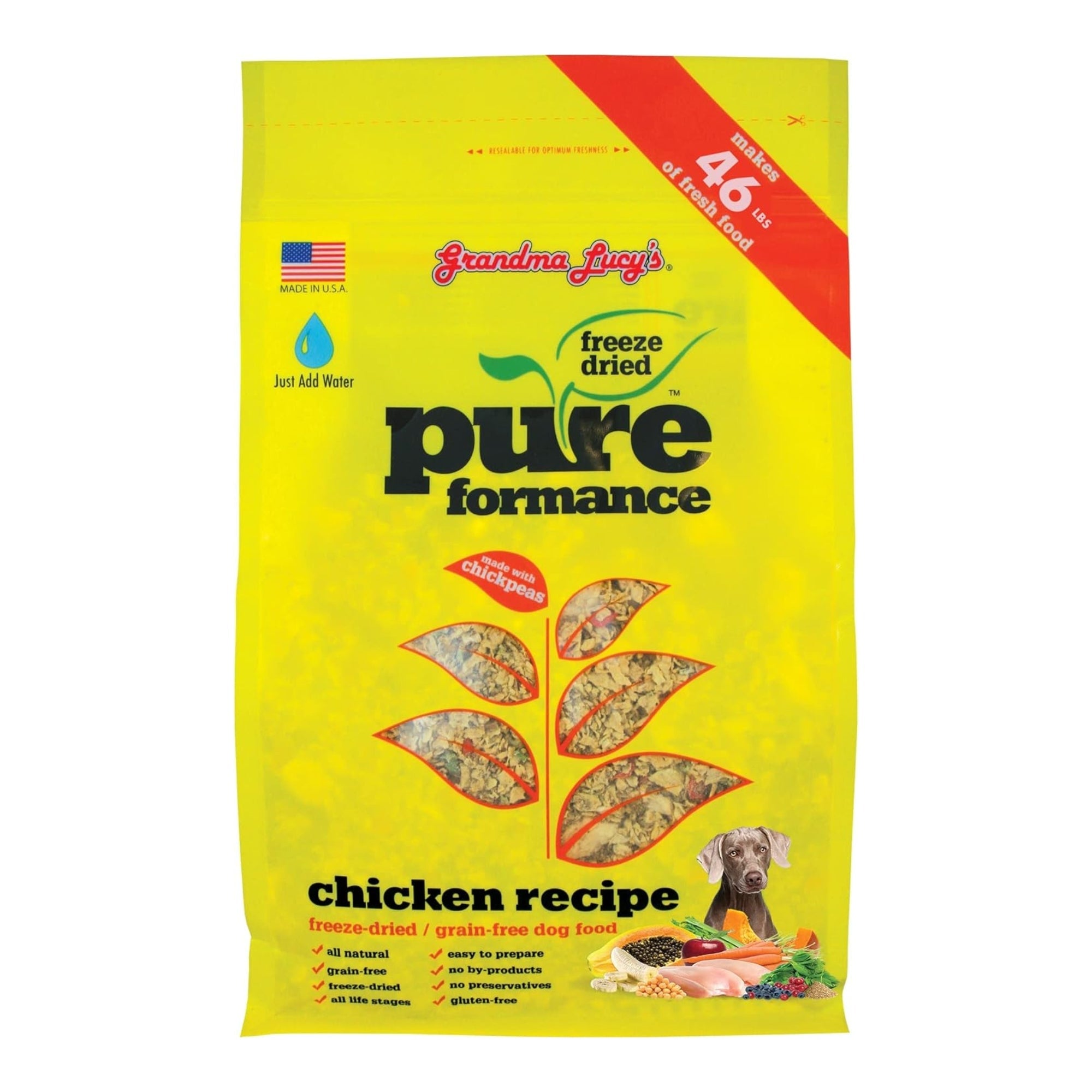 Grain-free chicken dog food pouch, freeze-dried pure performance