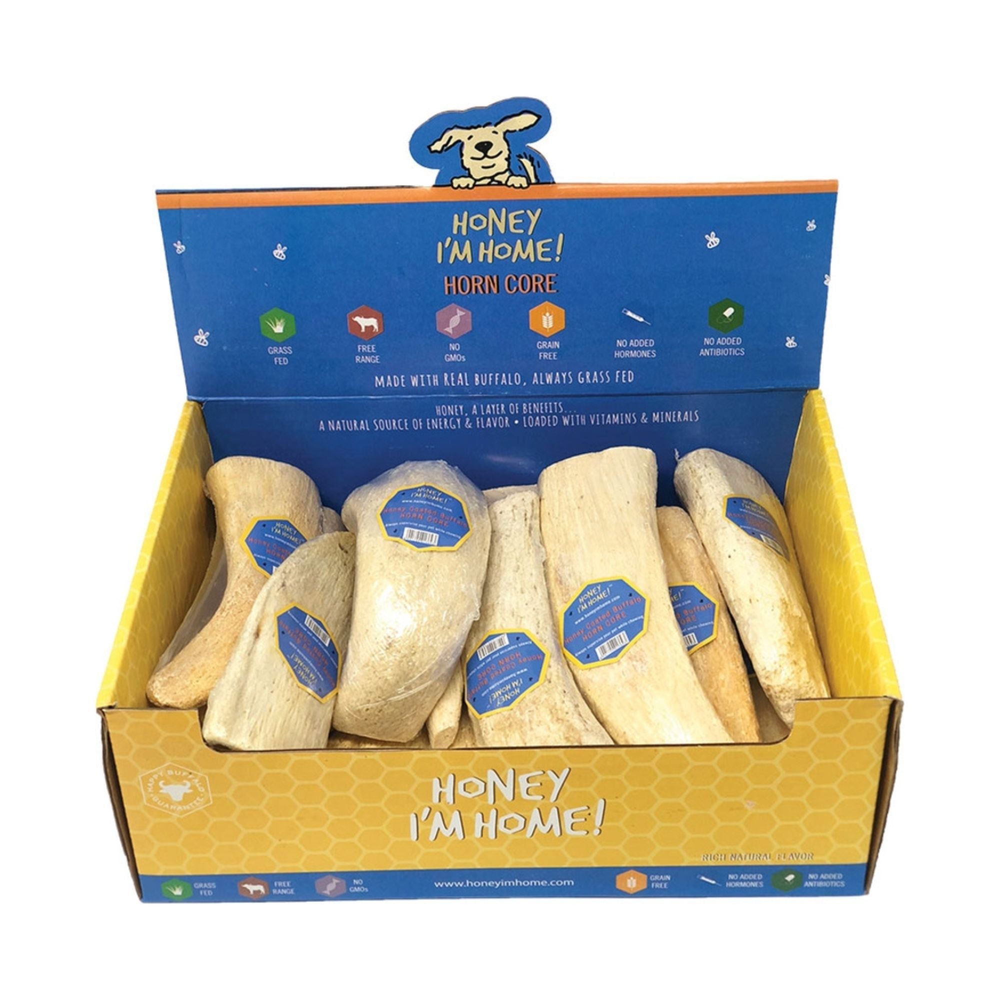 Honey I'm Home Dog Natural Honey Coated Buffalo Horn Core Bulk - 15 Count