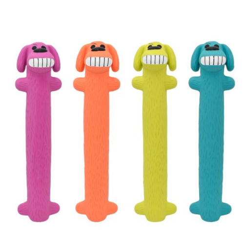 Assorted latex loofa dog toys set with grinning mouths in pink, orange, yellow, and teal