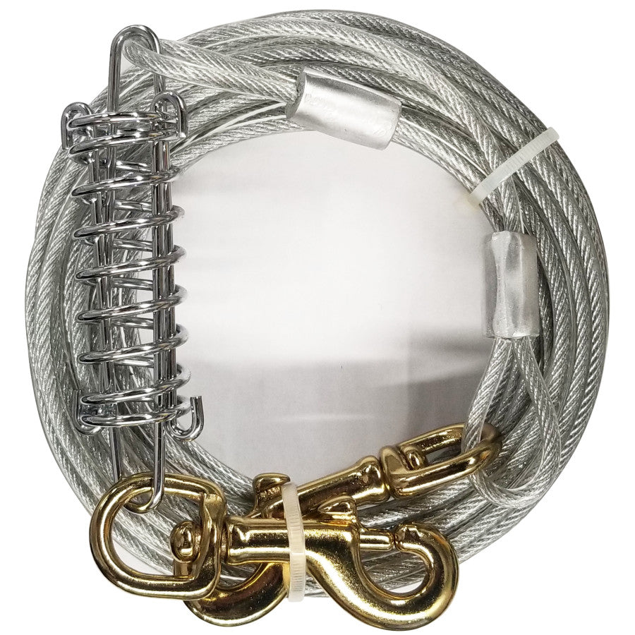 Silver galvanized tie-out cable with gold swivel clips and spring coupler