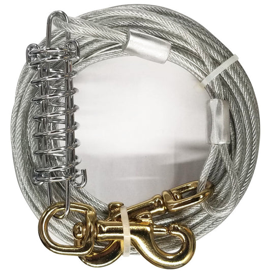 Silver galvanized tie-out cable with gold swivel clips and spring coupler