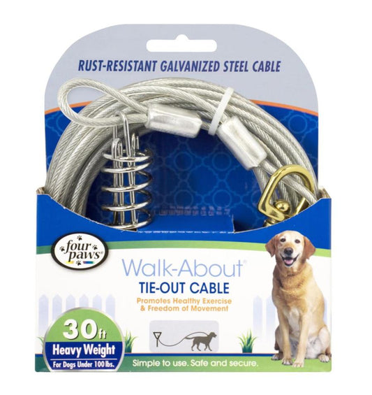 30 ft tie-out cable with coiled silver galvanized wire and secure clip ends
