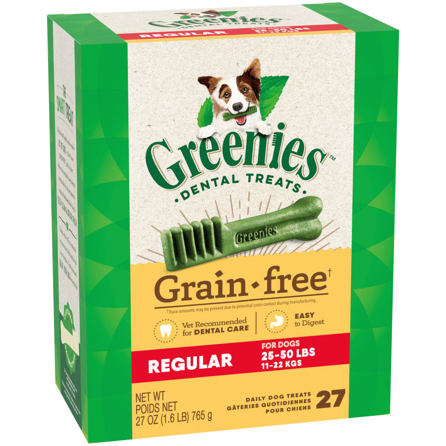 Greenies grain-free dental treats box, Regular, 27 count; green dog graphic