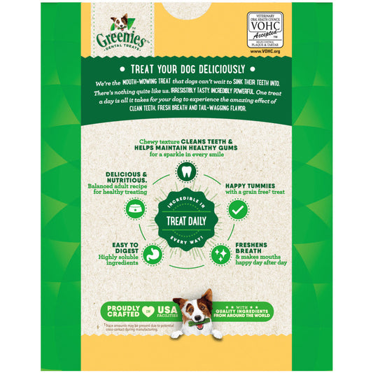 Greenies grain-free dental treats box back with care icons; Regular, 27 count