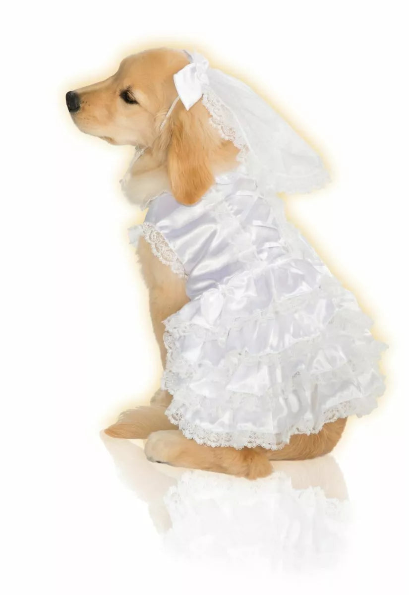 White bride pet costume for small dogs, ruffled dress with lace trim and veil
