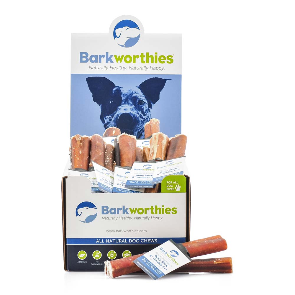 Barkworthies double-cut bully stick dog chews, shown with retail box and pieces