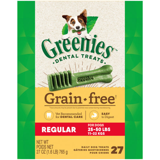 Greenies grain-free dental treats box front with green treat sticks; Regular 27 count